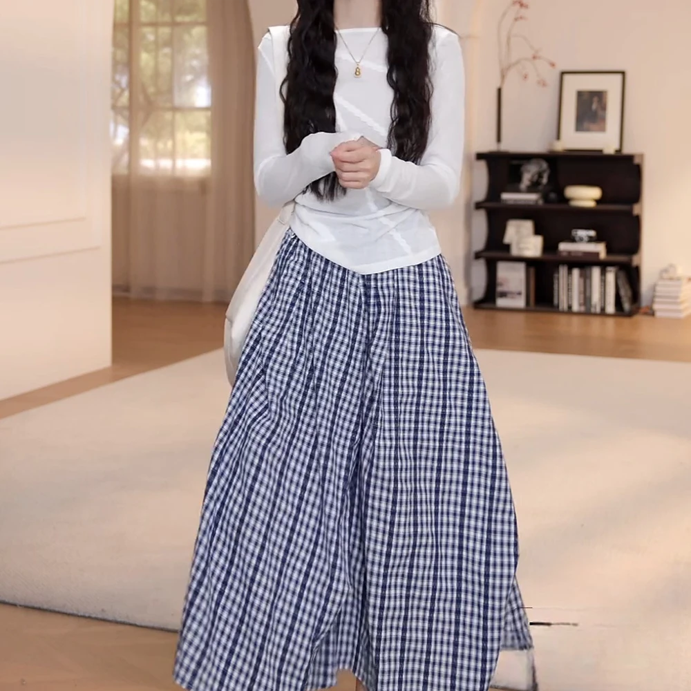 夏季新款纯色蕾丝花边长袖t恤+不规则格子半身裙中长裙长裙裙子