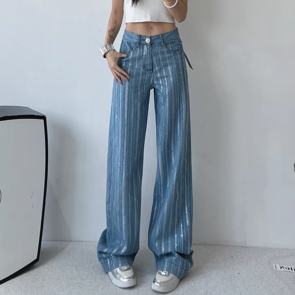 合肥欢欢】6670#欧货重工竖条纹烫钻宽松显瘦阔腿牛仔裤女2025新款