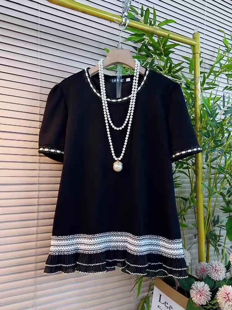 2025大码女装胖妹妹圆领拼接蕾丝花边泡泡袖气质百搭短袖显瘦上衣