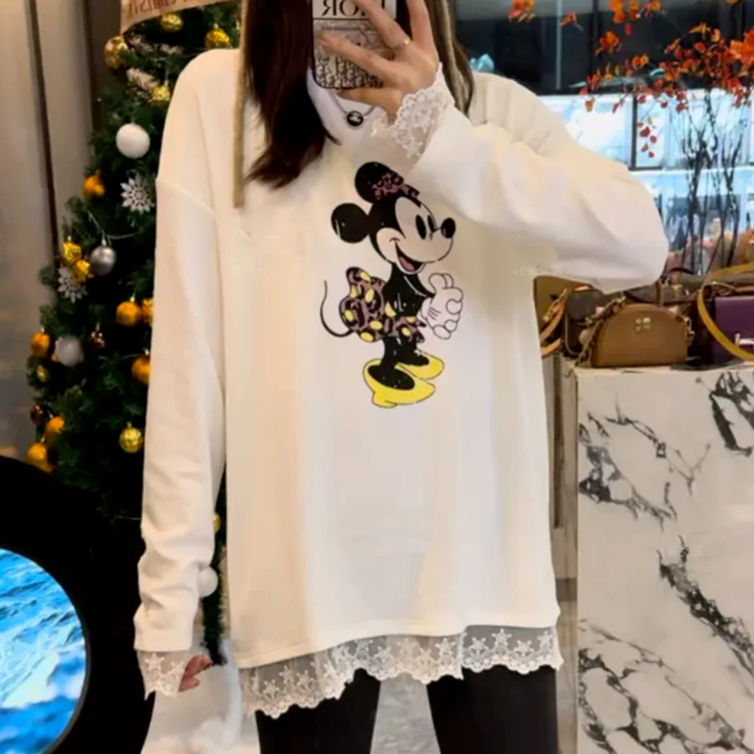 设计感米奇印花拼接蕾丝长袖T恤女秋冬季宽松韩版中长款打底上衣