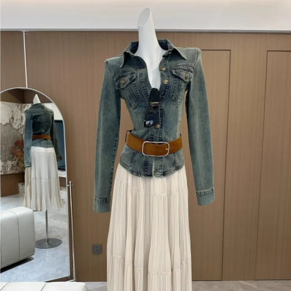 港风复古正肩修身收腰牛仔打底衫外套女百搭新款气质爆款上衣短款