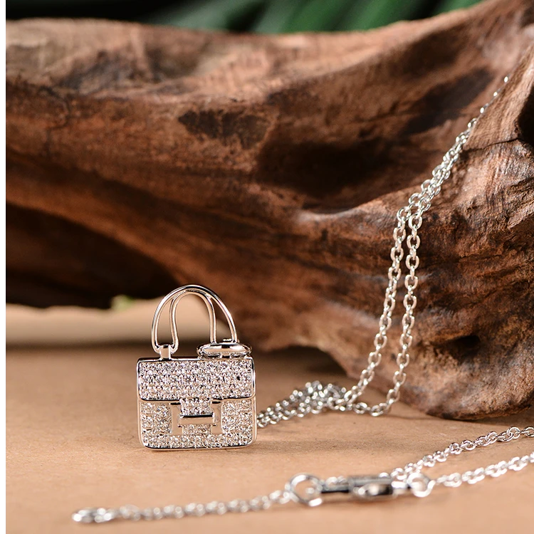 合金项链 镀k金H手提包全钻挂锁项链精致小众设计师轻奢