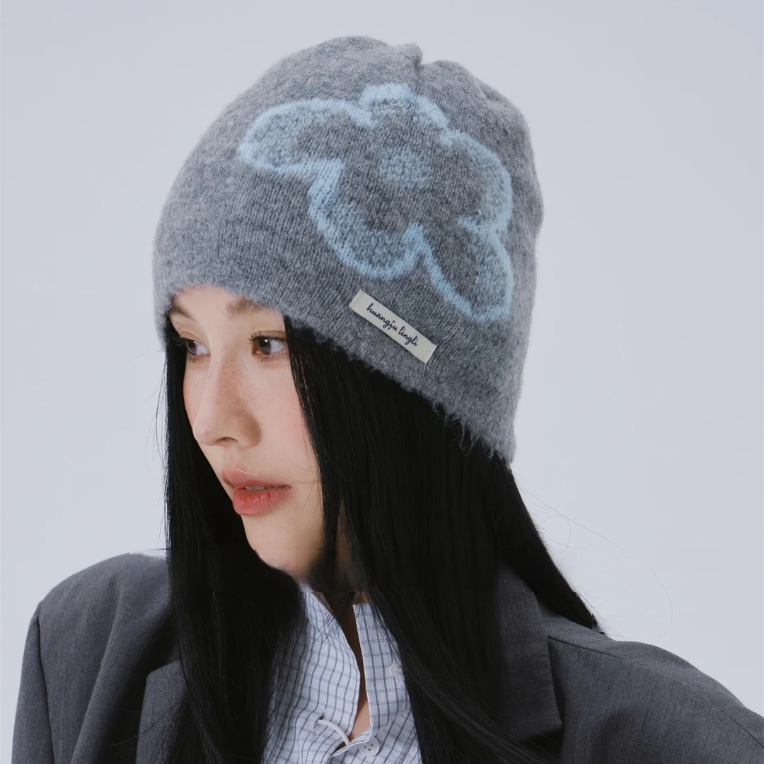 多金 韩系ins花朵提花针织冷帽女秋冬时髦百搭显脸小包头帽堆堆帽