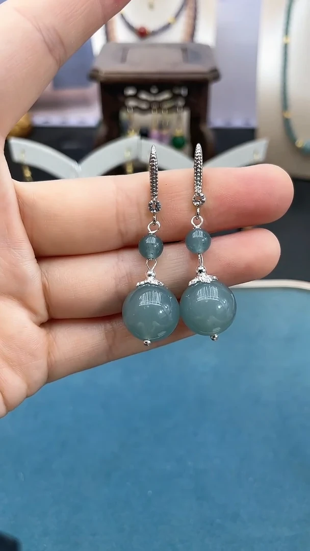 翡翠银S925镶嵌耳饰14mm蓝水双珠