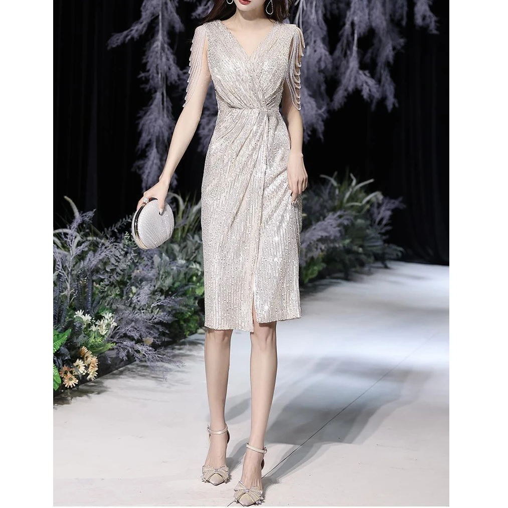 香槟色小晚礼服裙2025春季新款名媛气质宴会主持人连衣裙平时可穿