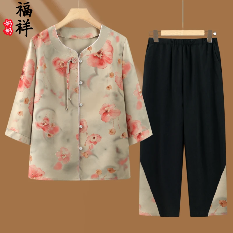 中老年夏季国风妈妈装两件套老人宽松奶奶装薄款清凉气质高端夏装