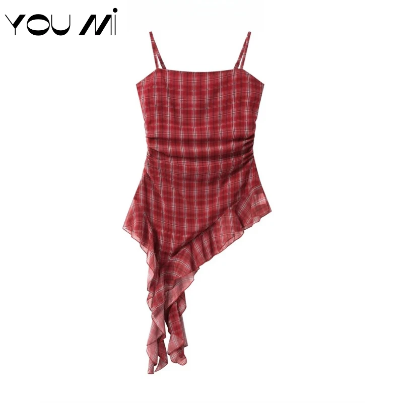 夏季上衣女不规则木耳边格子碎花吊带背心女新款修身显瘦上衣1133