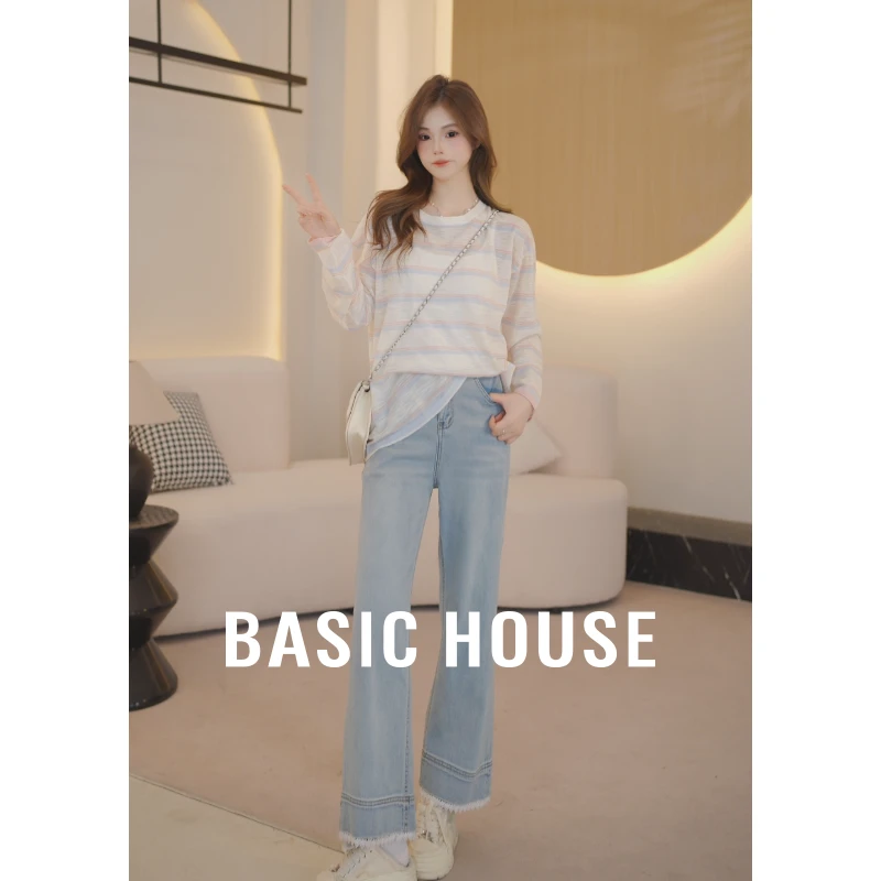 Basic House/百家好秋季新款圆领长袖条纹针织衫B1195B5Y072
