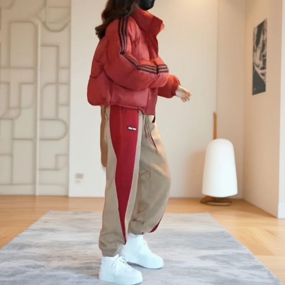 2025秋冬新款韩版洋气拼色卫裤时尚休闲短款加厚保暖棉服外套女款