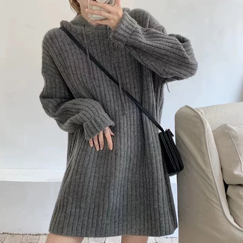 爆款韩系宽松羊毛衫网红纯色中长款显瘦连帽衫针织衫慵懒风打底衫