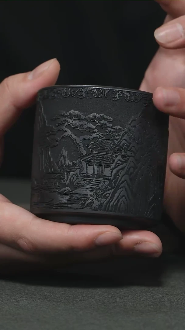 【闪购商品】紫砂茶杯石黄刻绘山水