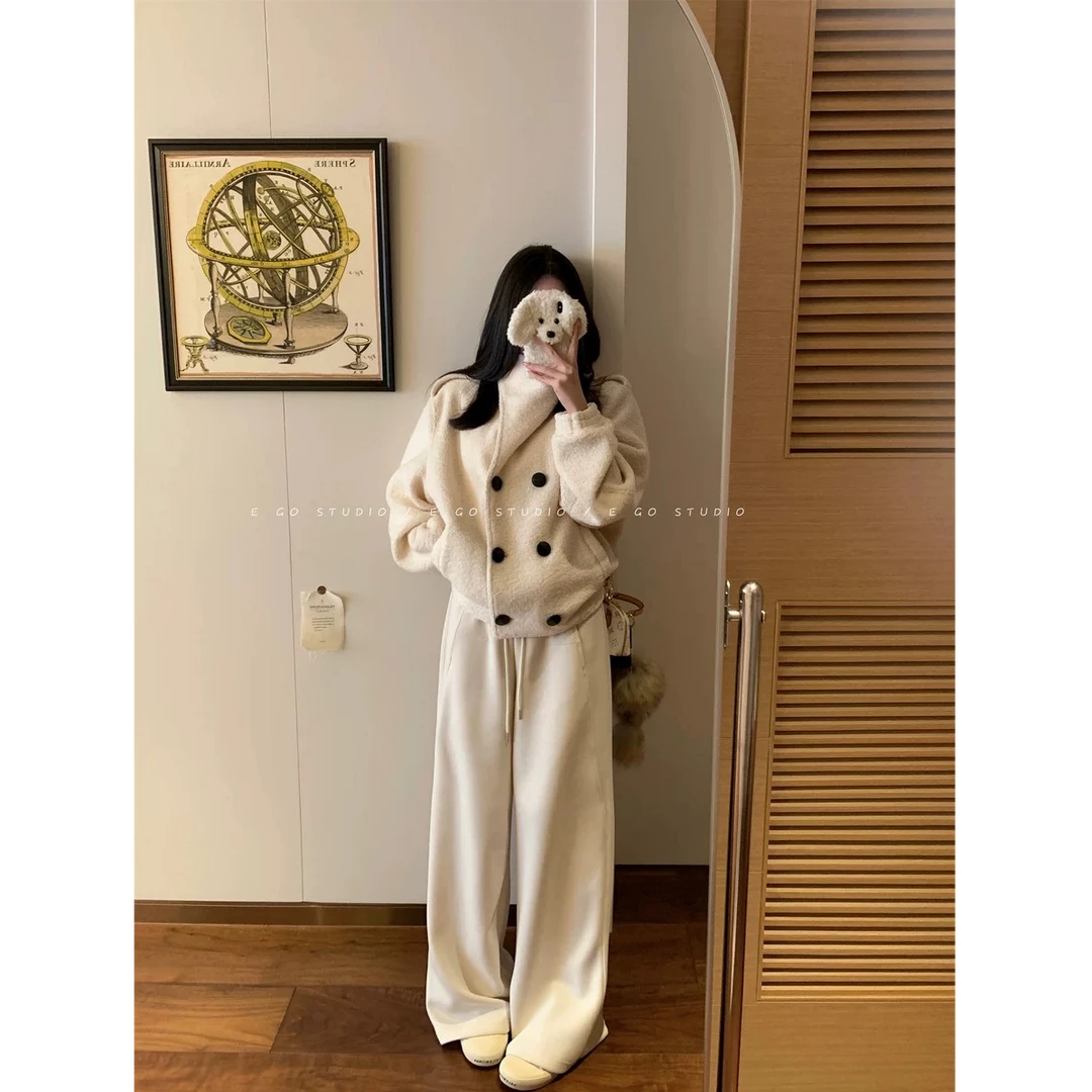 羊毛毛绒双排短款羊羔毛外套女秋冬季新款温柔上衣