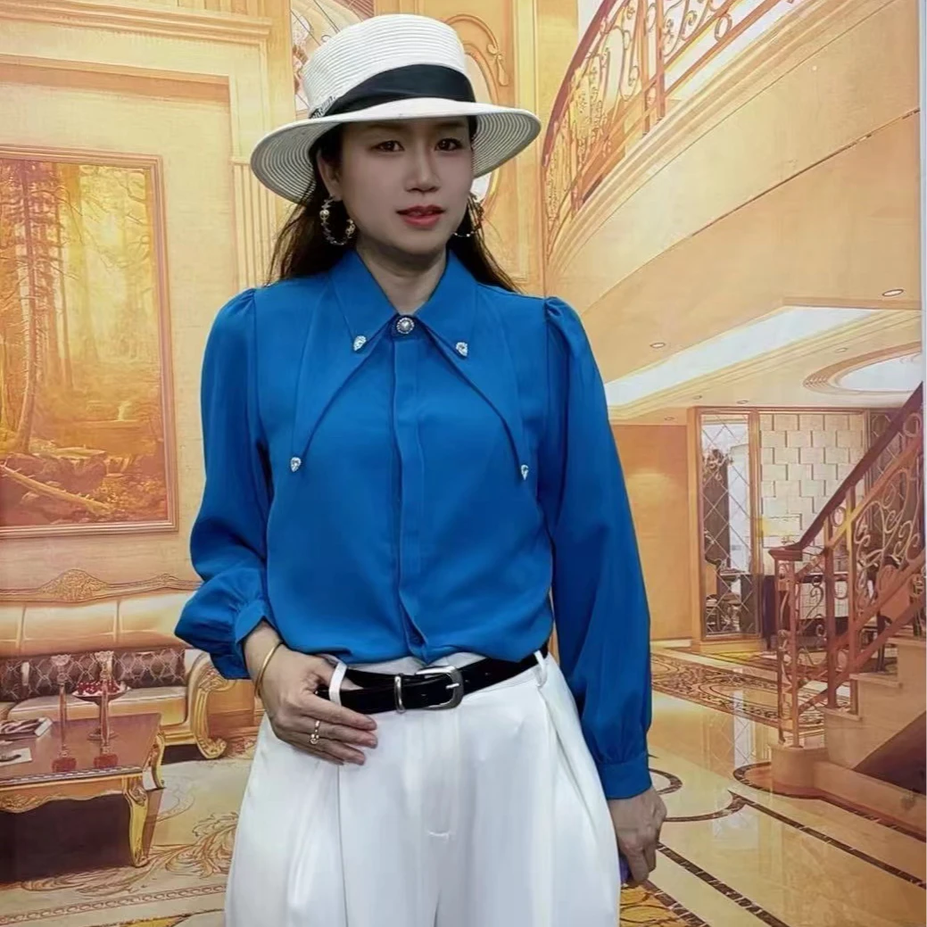 2298法式雪纺女春秋长袖钉珠上衣设计感小众气质内搭衬衣