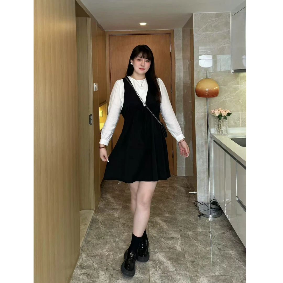 舒舒【典雅女神】长袖拼接假两件大码显瘦连衣裙