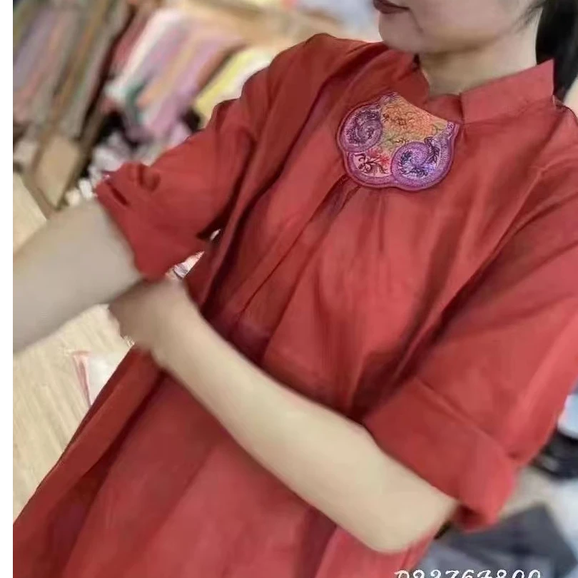 新款复古如意刺绣立领重工苎麻长款上衣2376