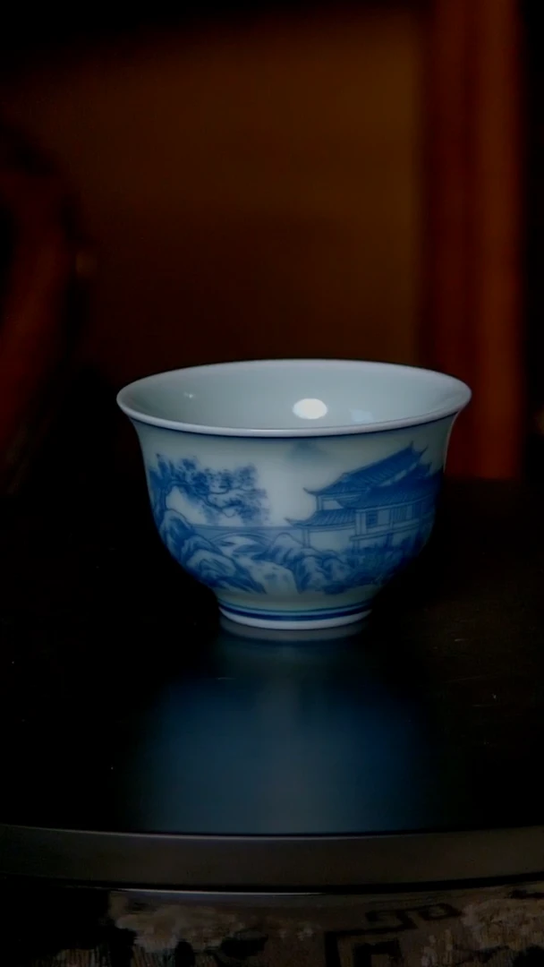 景德镇手工青花楼阁山水铃铛杯