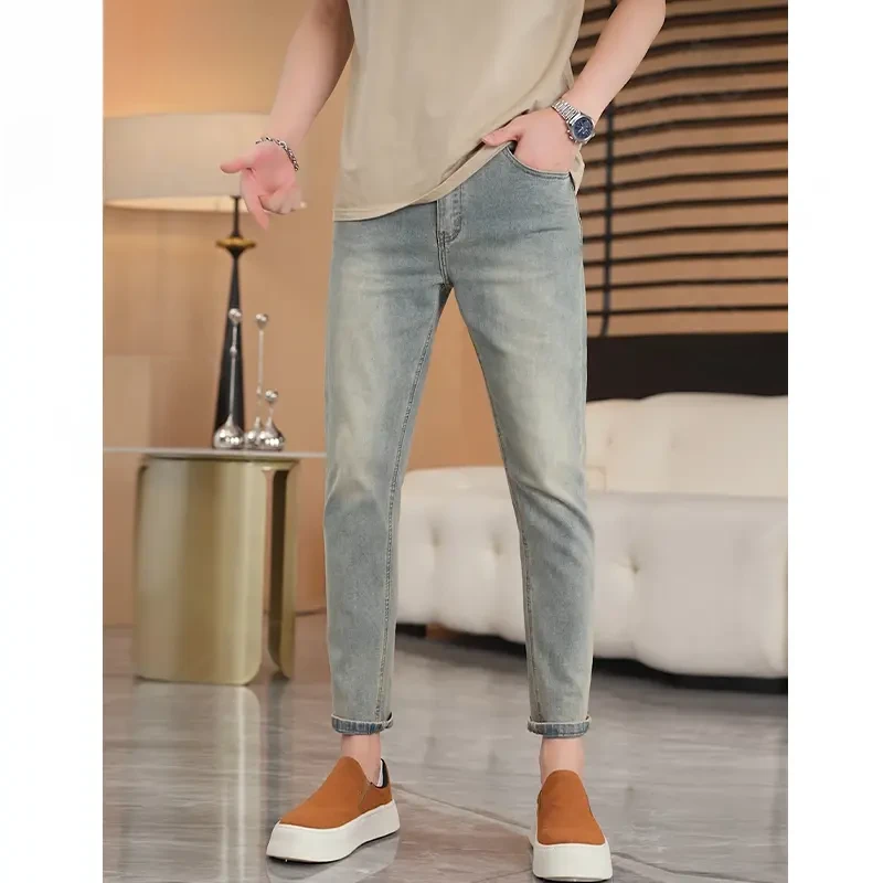 2025秋季新款复古牛仔裤男款爆款时尚男士修身小直筒九分裤百搭