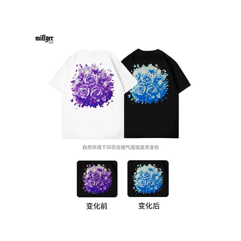 MILLYER重磅新款美式温感变色印花玫瑰纯棉宽松圆领短袖t恤男