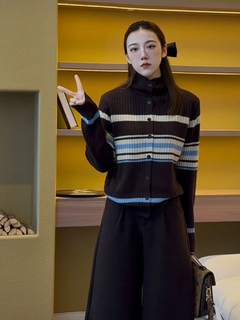 时尚美拉德复古风条纹拼色针织开衫女秋冬单排扣毛衣外套
