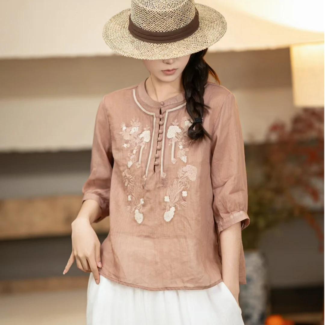 2025夏季文艺刺绣高端苎麻衬衫女套头宽松显瘦五分袖轻薄小衫上衣