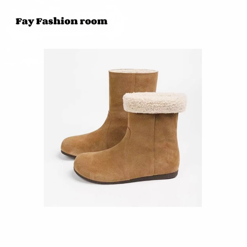 FAY | 牛反绒保暖内增高短筒羊羔毛雪地靴
