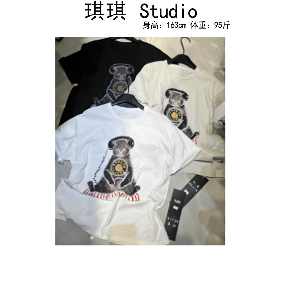 《琪琪家》夏季新款潮流气质时尚印花卡通猫咪宽松休闲短袖8073-CS