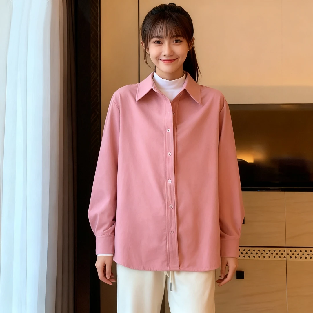 秋冬新款宽松polo领洋气宽松纯色法式休闲百搭显瘦纯棉灯芯绒衬衫