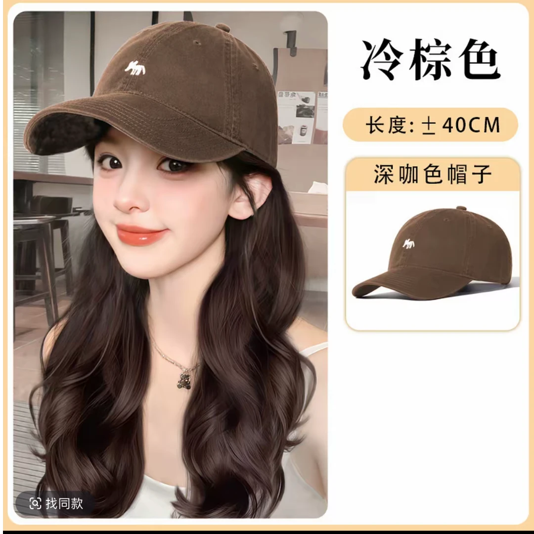 WD假发/小狐狸刺绣帽子假发一体洋气大波浪百搭显气质鸭舌帽