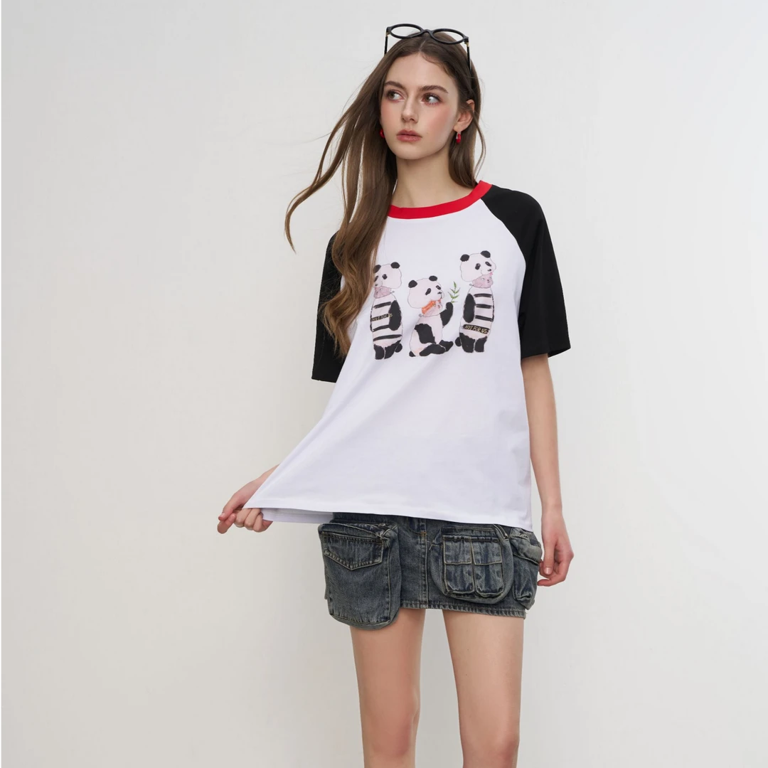 NOT FOR US25SS黑白拼接卡通熊猫图案印花圆领短袖