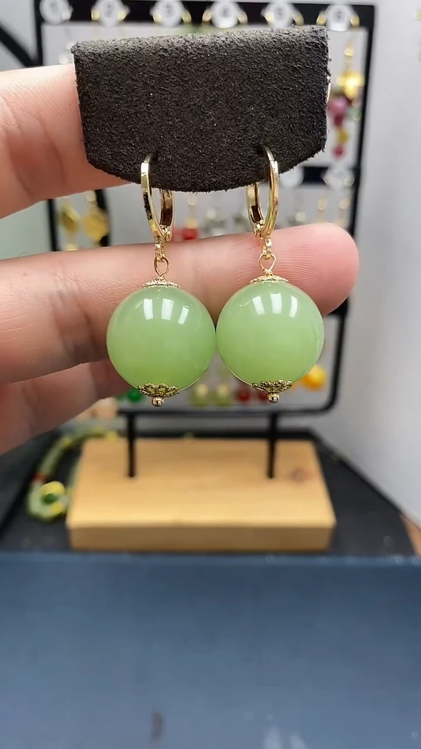 和田玉银S925镀金镶嵌耳饰尺寸16mm耳扣33