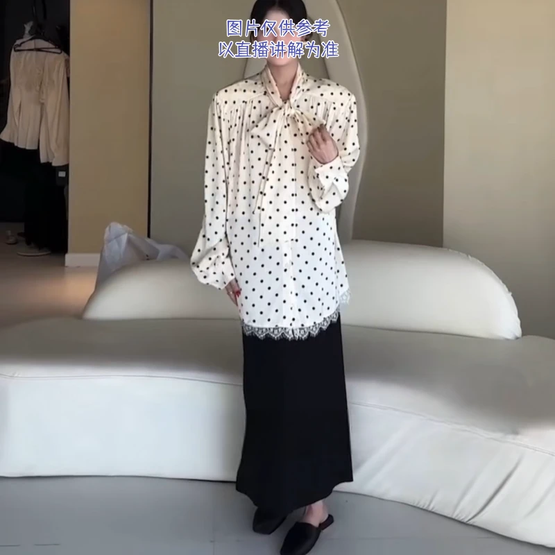 韩系波点胖mm缎面高级拼接蕾丝花边飘带上衣高腰显瘦半身裙两件套