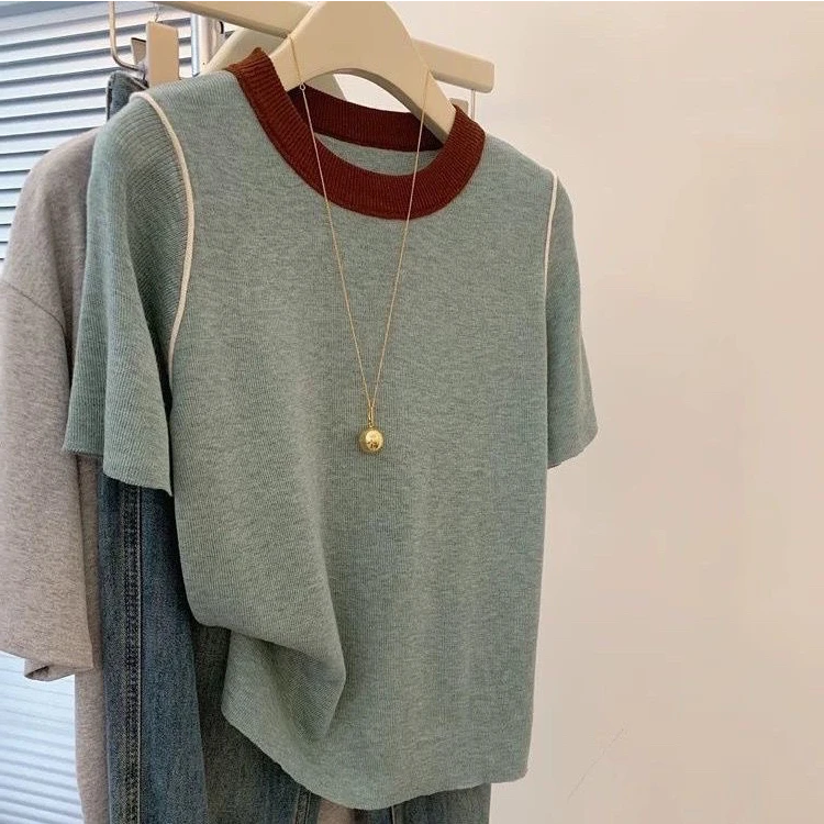 【80-200斤】拼色圆领冰丝短袖t恤女夏季韩版时尚百搭宽松显瘦上衣