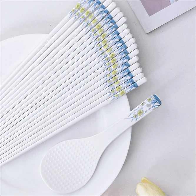 发水仙花骨瓷筷子10双+饭铲 破损联系客服 补贴