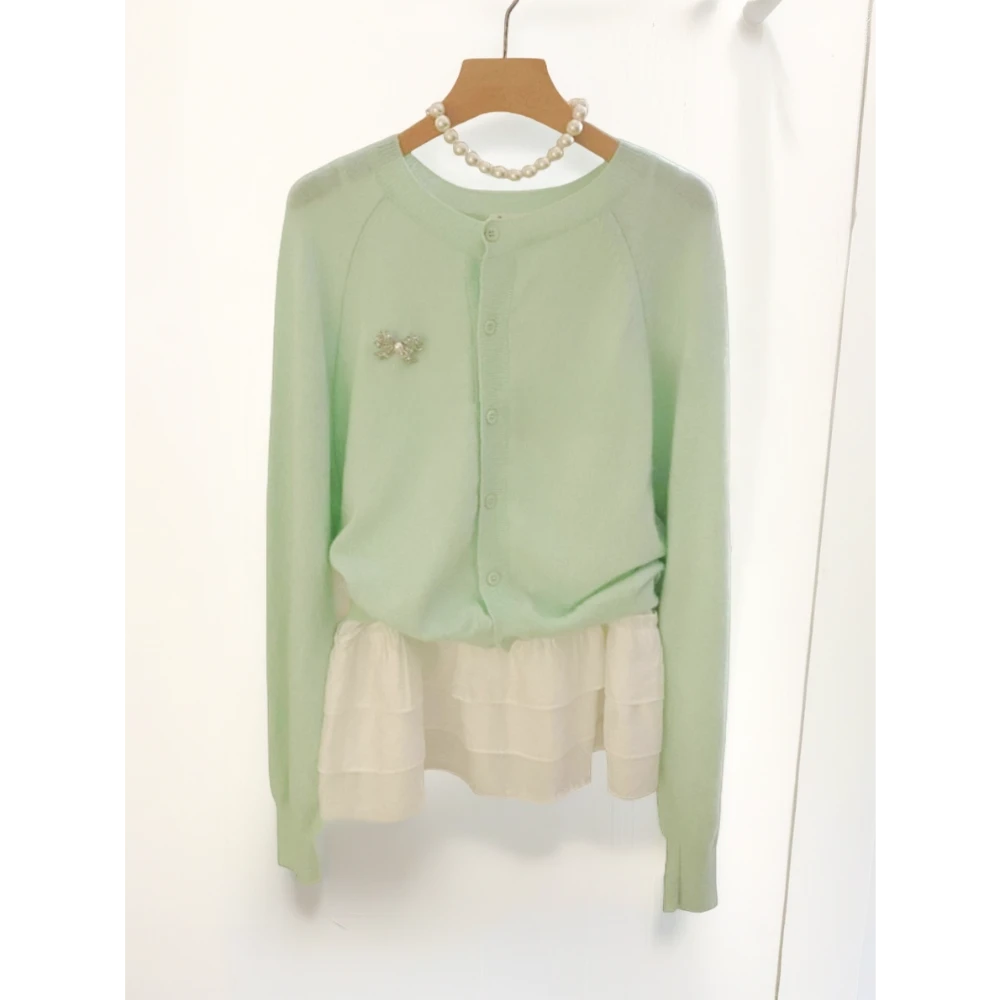 真心舒服！巨推荐！清新绿色针织衫女单排扣开衫秋季慵懒感百搭上衣