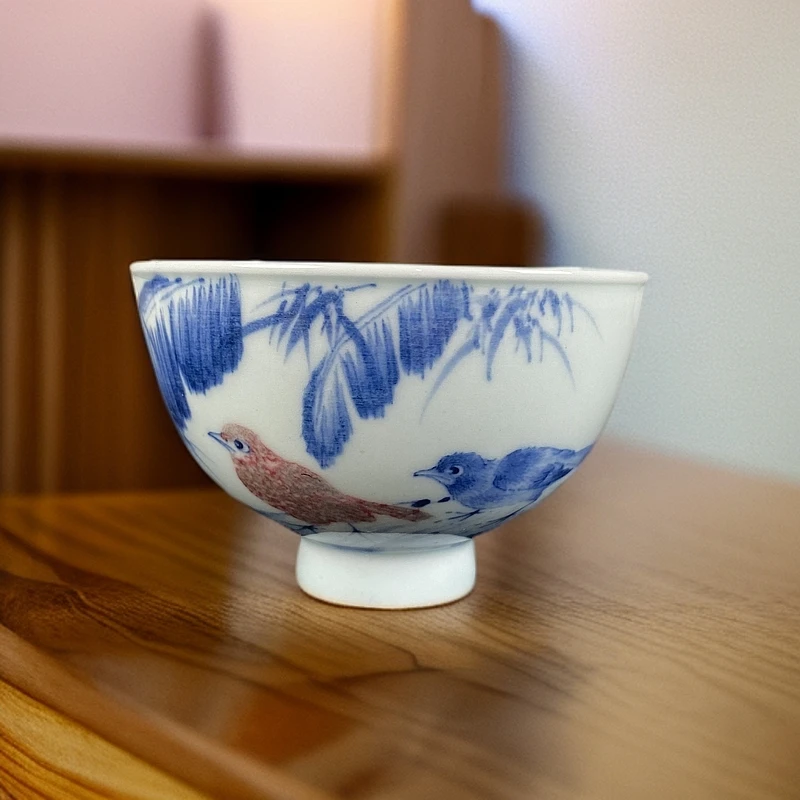 景德镇静心斋刘咏辉款手绘青花釉里红家大业大翠鸟主人杯茶杯陶瓷