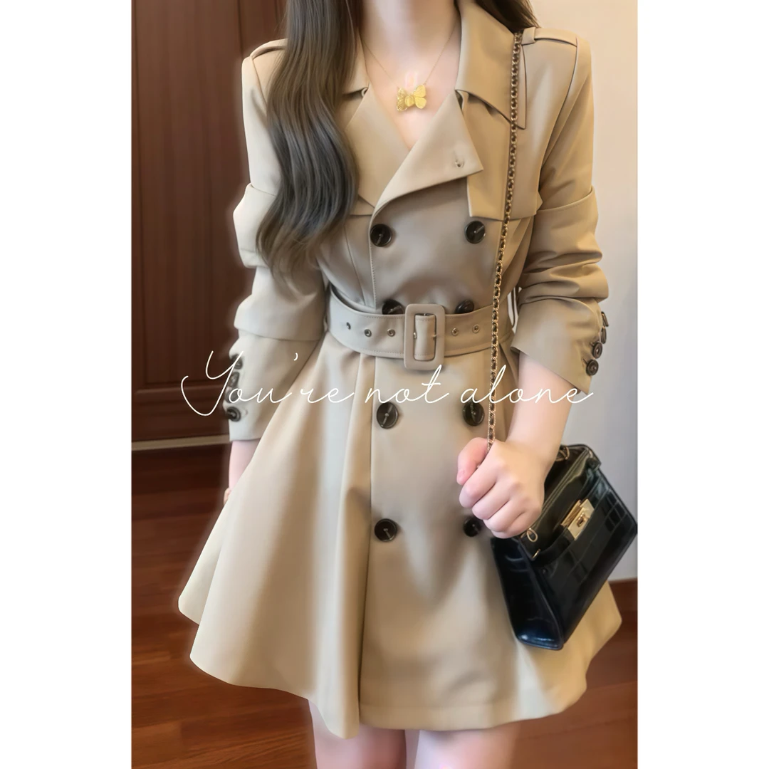 现货 秋冬季英伦风高级设计感卡其色连衣裙式风衣外套89339