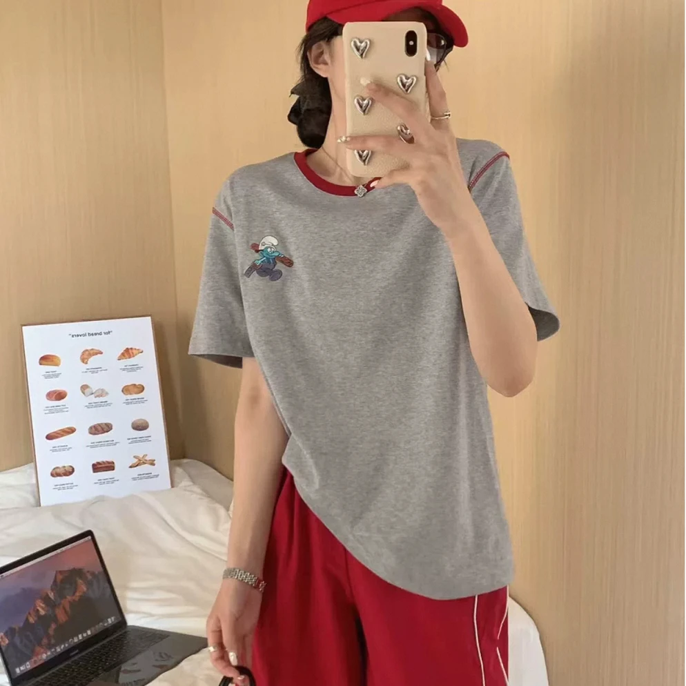 茜哥~66162春季新款韩版宽松休闲百搭立体纹理卡通印花短袖T恤