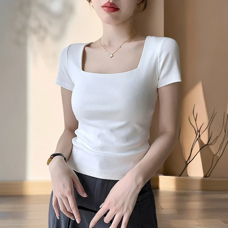 防透方领紧身小众设计感白色夏季显瘦大领口锁骨短袖T恤上衣洋气