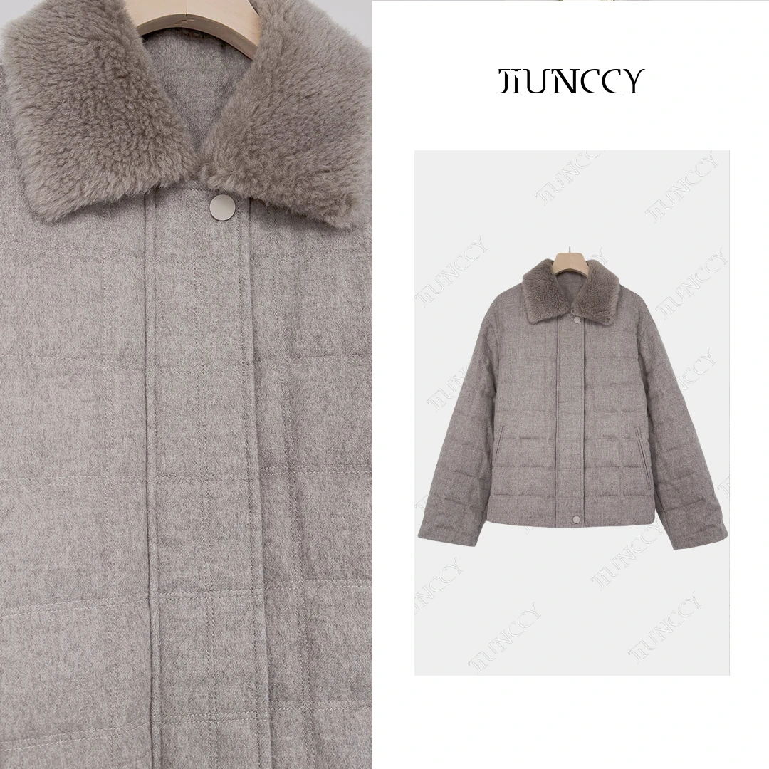 JIUNCCY【曼城】羊毛棉混纺羊毛领方格绗线90白鹅绒服外套 42YRF111