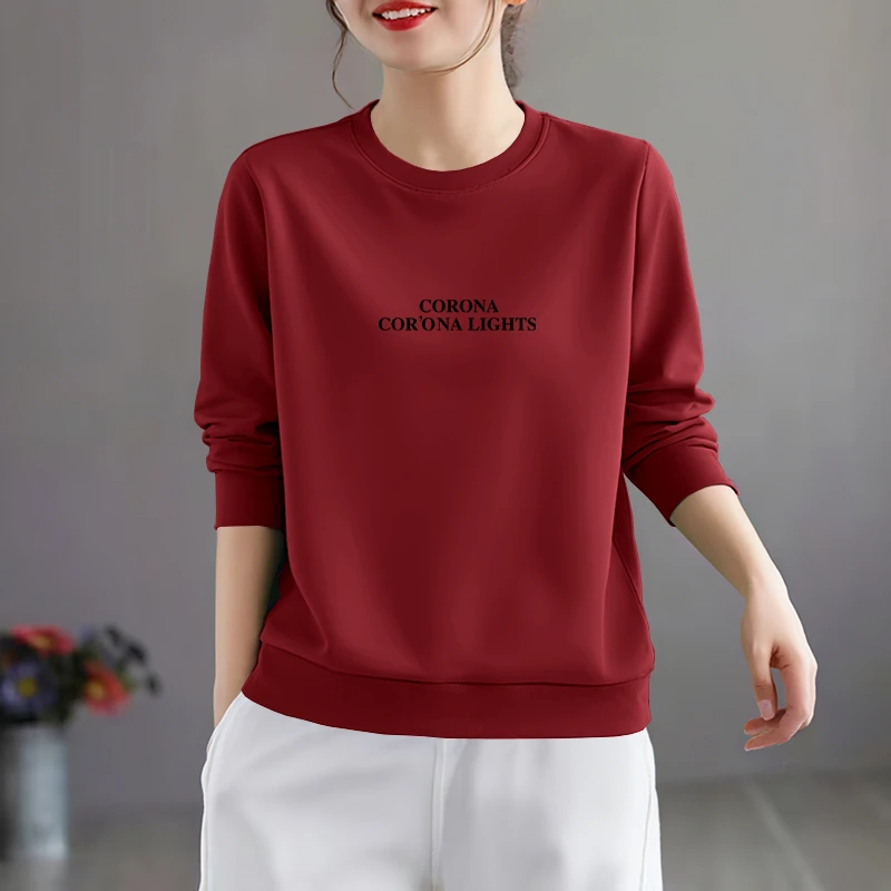 女士洋气宽松大码休闲时尚长袖2025新款圆领秋冬加绒加厚上衣卫衣