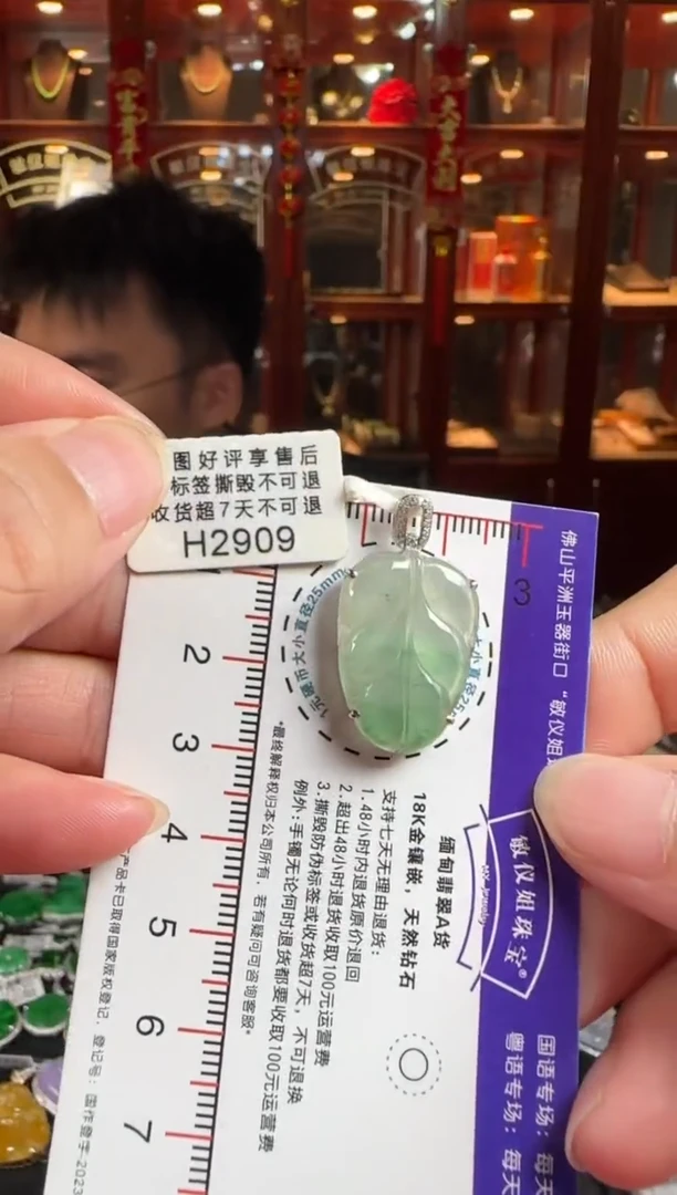 颈饰18K金镶嵌翡翠H2909冰飘绿叶子