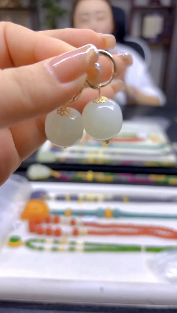 和田玉（白玉）14K金镶嵌耳饰DIY款E408