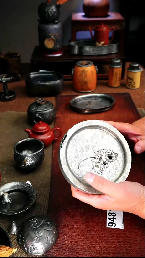 9481雕刻纯锡一体三足储水壶承13*3.3