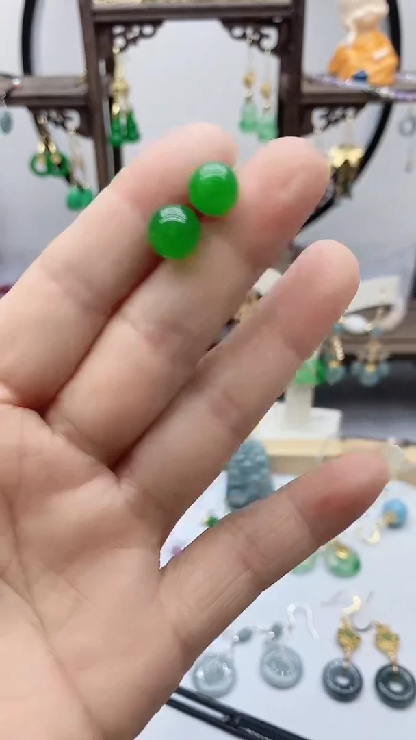 石英质玉（非洲翠）14K金镶嵌耳饰56
