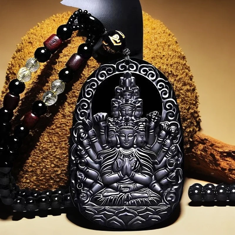 天然黑曜石本命佛吊坠属鼠守护神千手观音男款吊坠女款