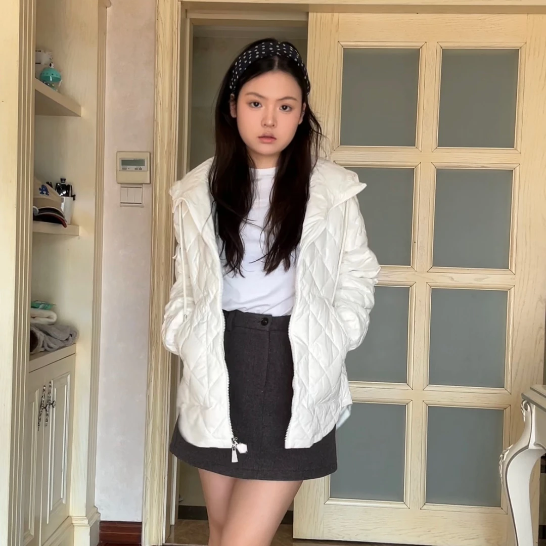 言许木李【春日吸睛】简约连帽菱格百搭鹅绒羽绒服Y250219