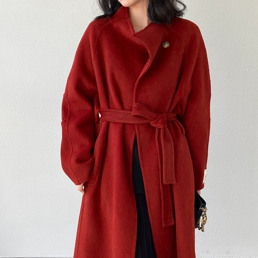 高级感红色立领双面羊毛大衣2025冬新款系带毛呢外套女