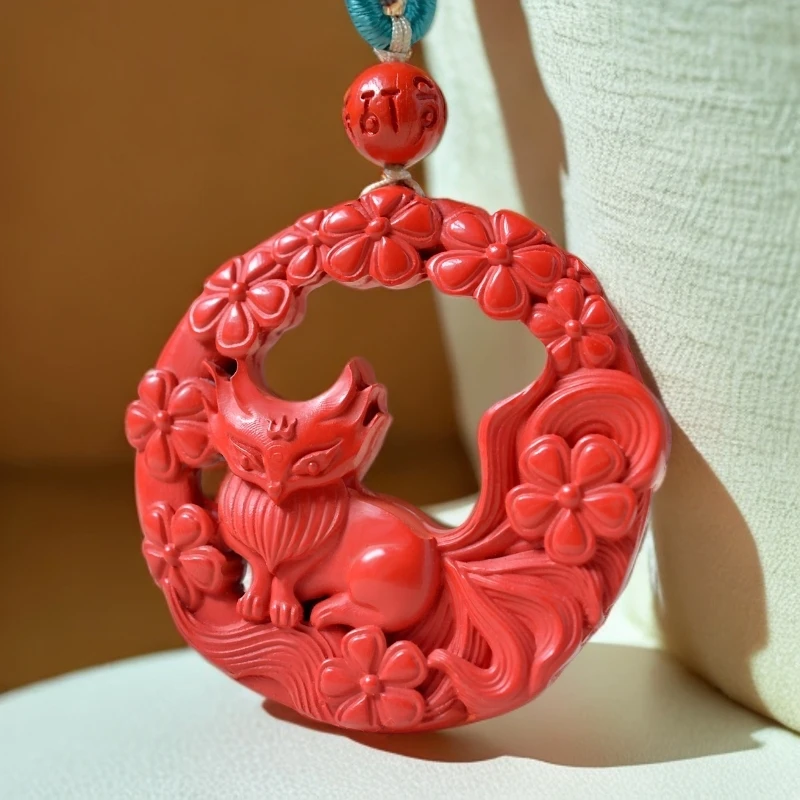 含辰砂工艺品精品朱砂九尾狐吊坠 挂饰精品红砂护身饰品