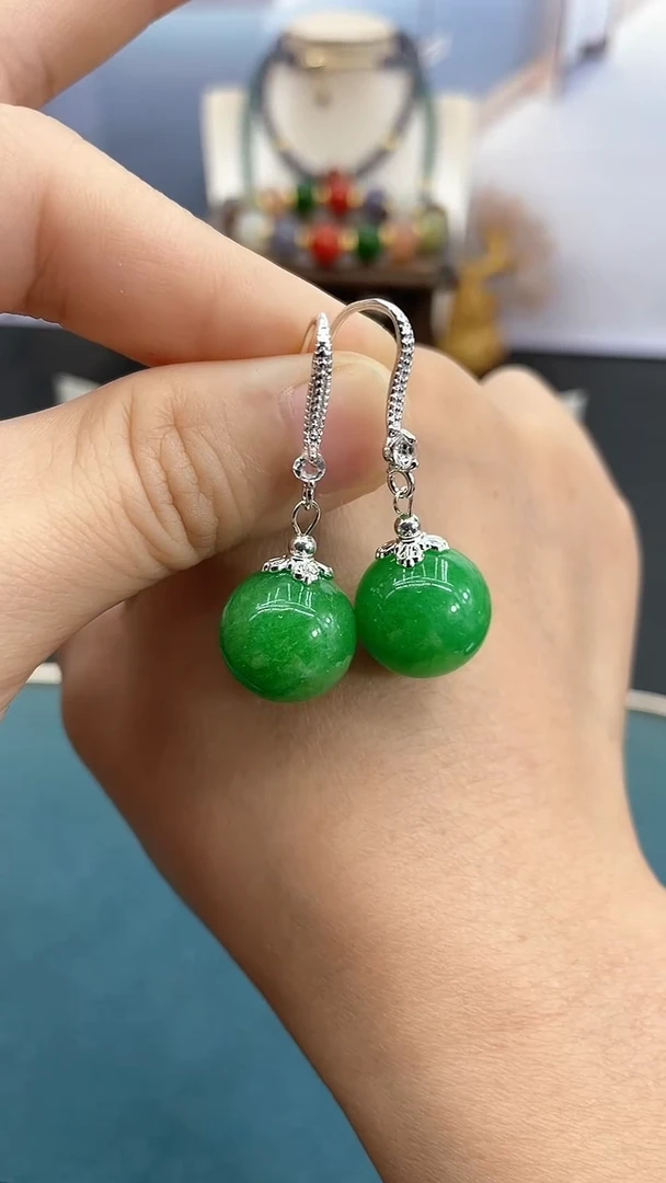 银S925镶嵌翡翠耳饰14mm干青单珠耳钩