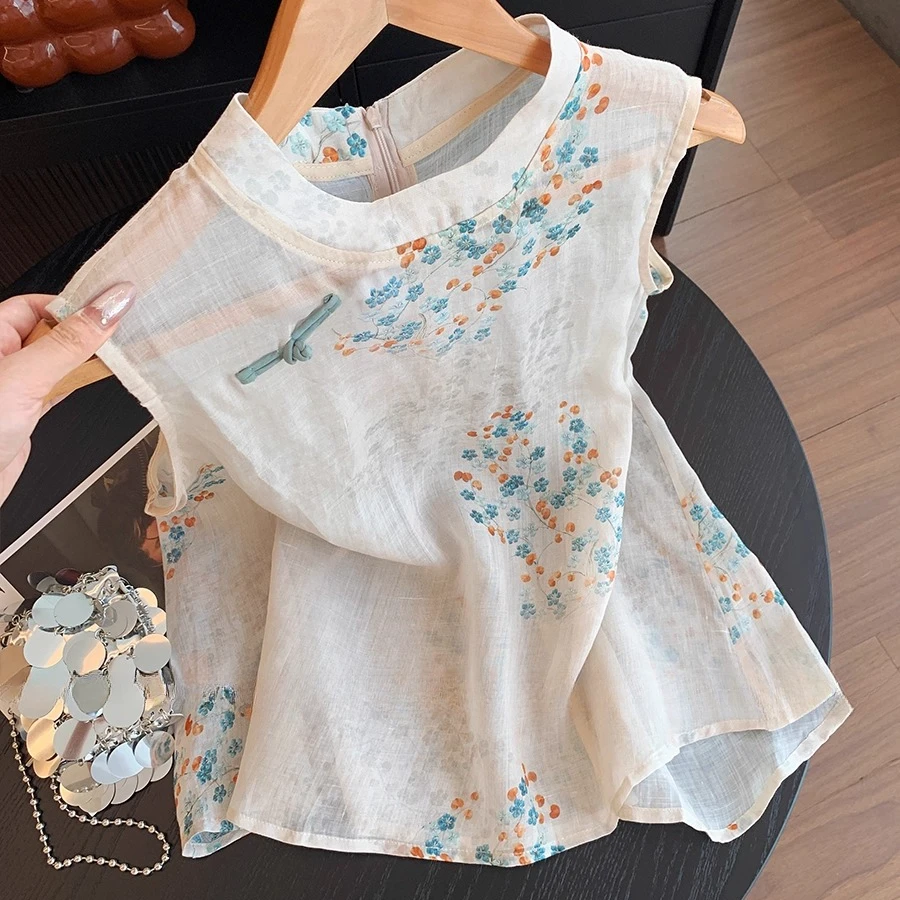 新中式印花无袖背心女士夏季2025新款设计感温柔国风老钱风女装